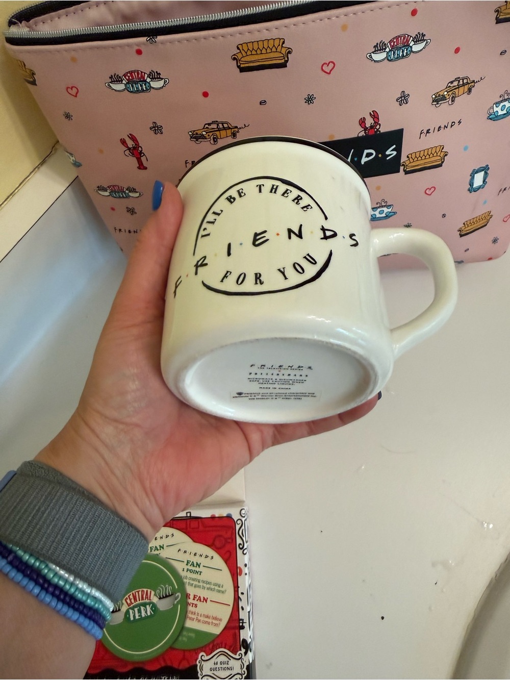 FRIENDS Pink Patterned Icon Cosmetic Pouch with Pottery Barn Mug & fun Coasters - Picture 6 of 9